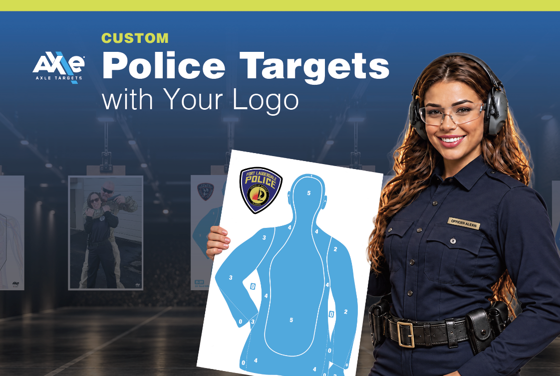 Custom police targets with your logo, shown by an officer holding a blue department target